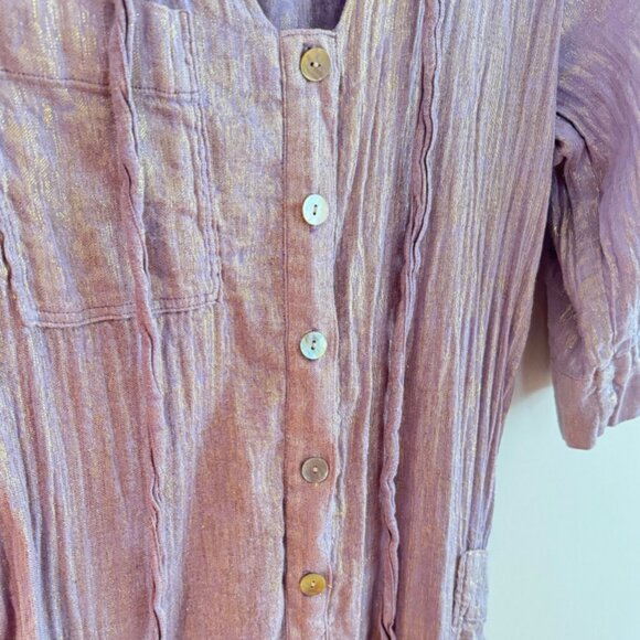 Raquel Allegra Lavender Metallic Gold Linen Abalone Button-Up Jumpsuit size 1 S - Picture 5 of 7